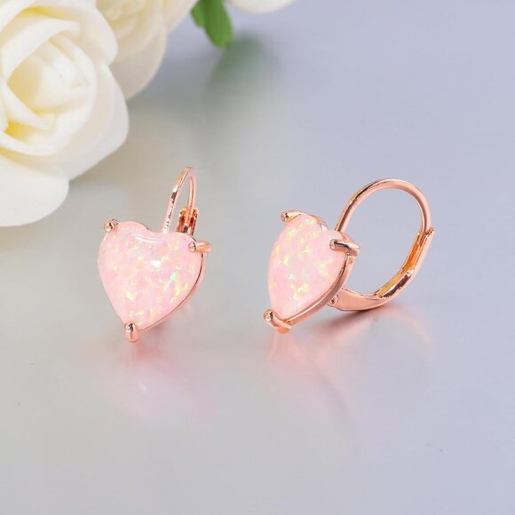 Heart Opal Earrings Leverback Drop Jewelry for Sensitive Ears Fashion Gift - Picture 6 of 8